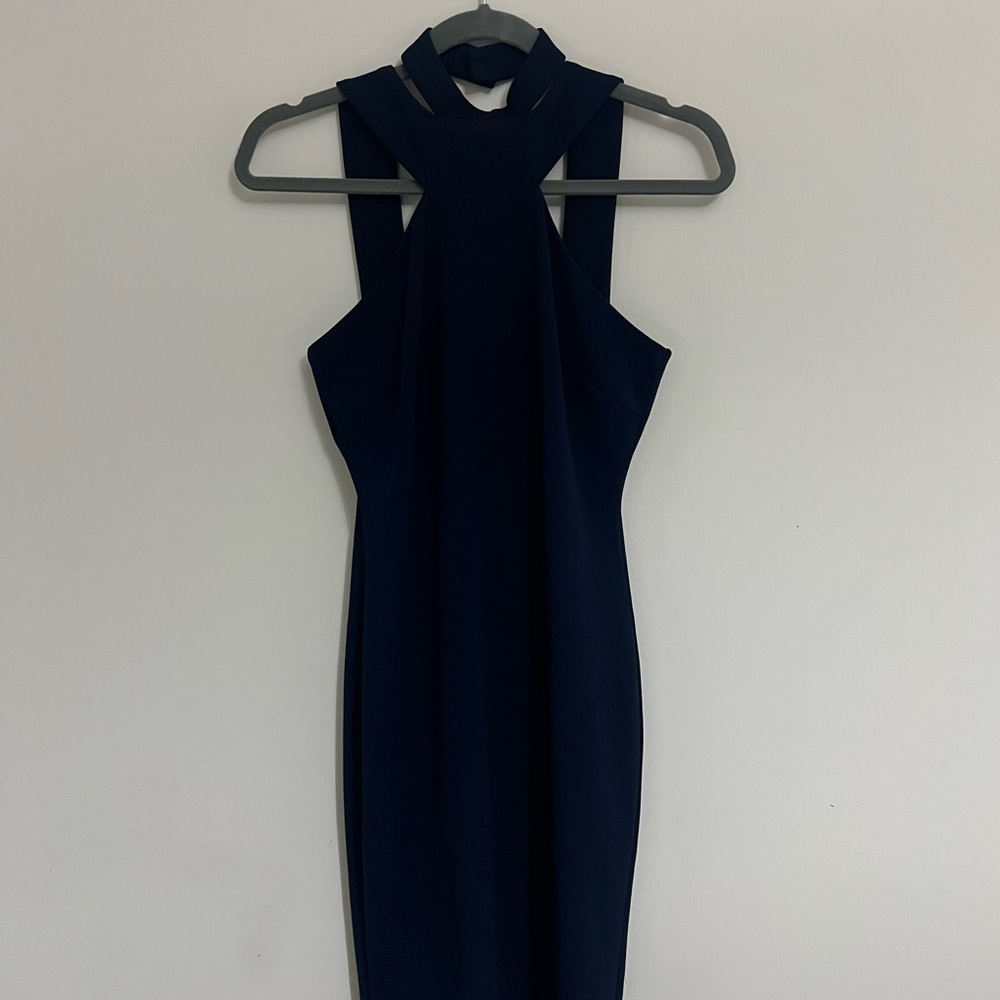 Bebe Navy Blue Sleeveless Halter Sheath Dress
